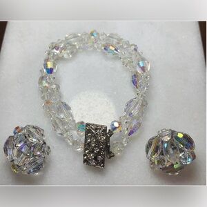 Vintage Aurora Borealis Crystal Bracelet & Clip-On Earrings Set